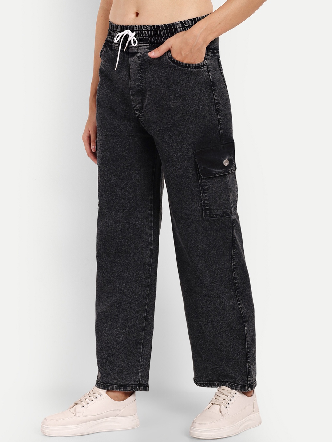 

Next One Women Smart Wide Leg low-Rise Cotton Stretchable Jeans, Black