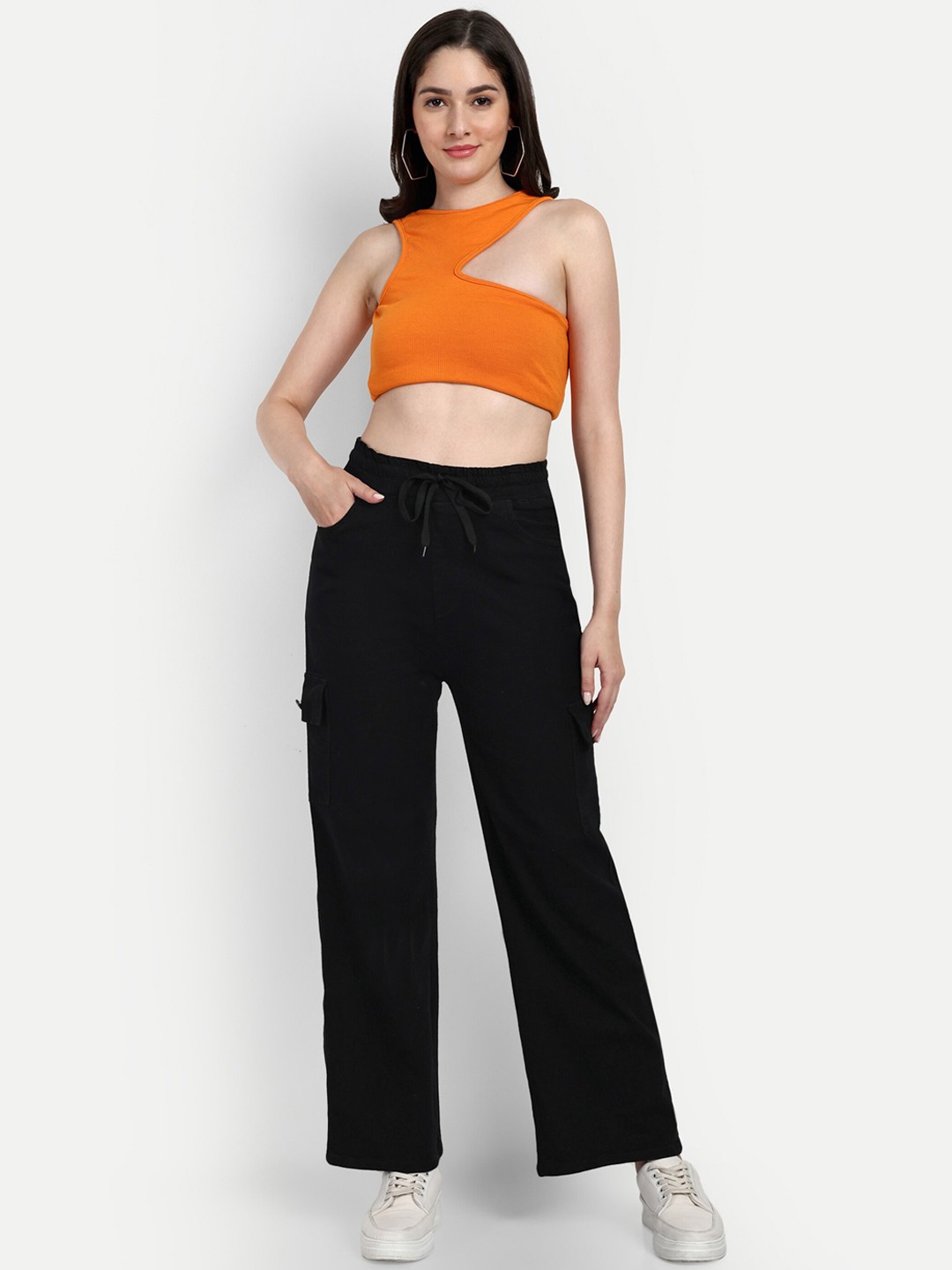 

Next One Women Smart Wide Leg High-Rise Cotton Stretchable Jeans, Black