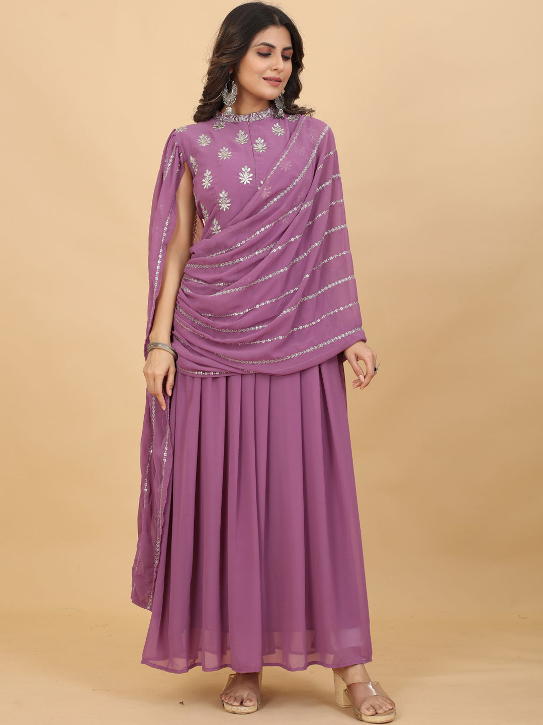 

KALINI Embroidered Draped-Overlay Fit & Flare Georgette Maxi Ethnic Dresses, Mauve