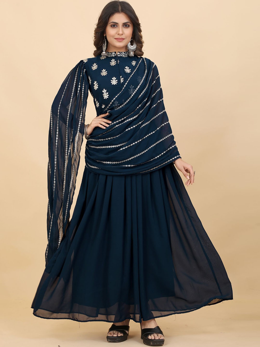 

KALINI Embroidered Fit & Flared Maxi Ethnic Dresses With Matching Dupatta, Navy blue