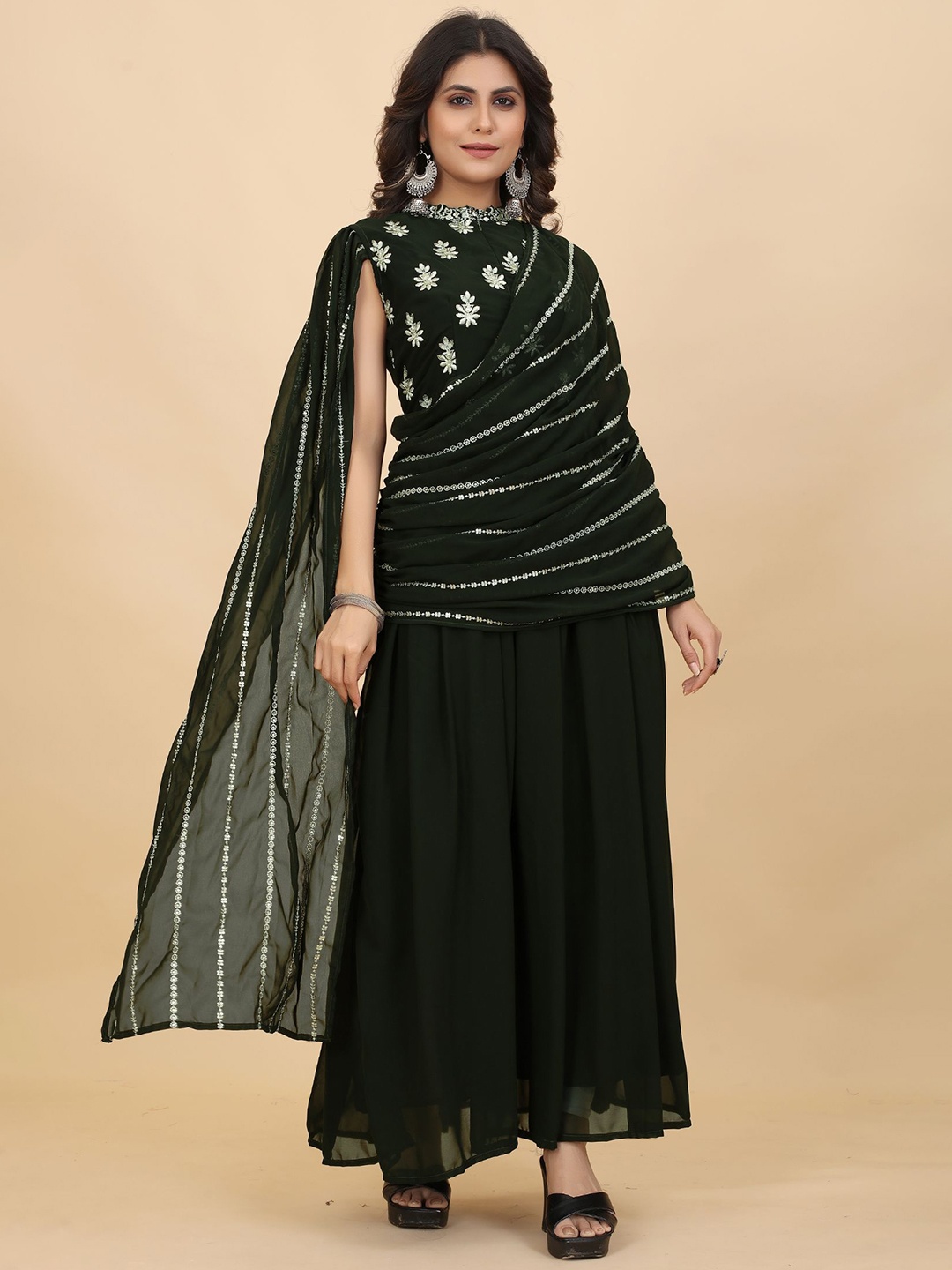 

KALINI Ethnic Motifs Embroidered Georgette Sequined Maxi Ethnic Dress With Dupatta, Olive