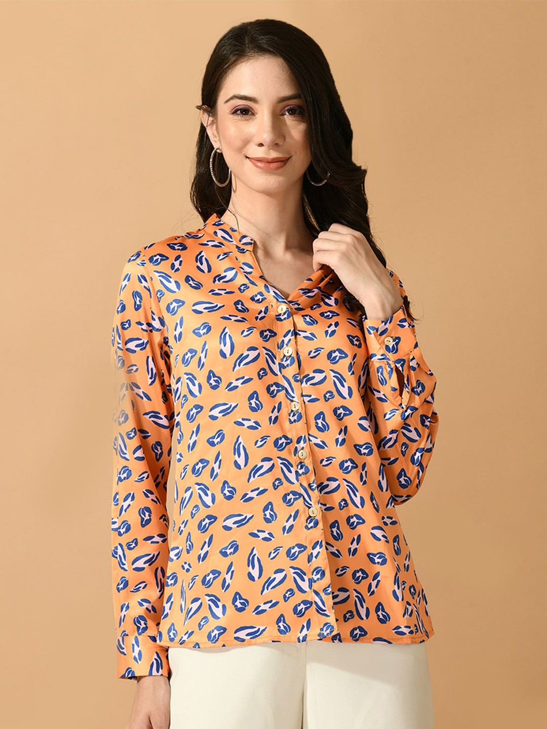 

Sangria Conversational Printed Satin Shirt Style Top, Orange