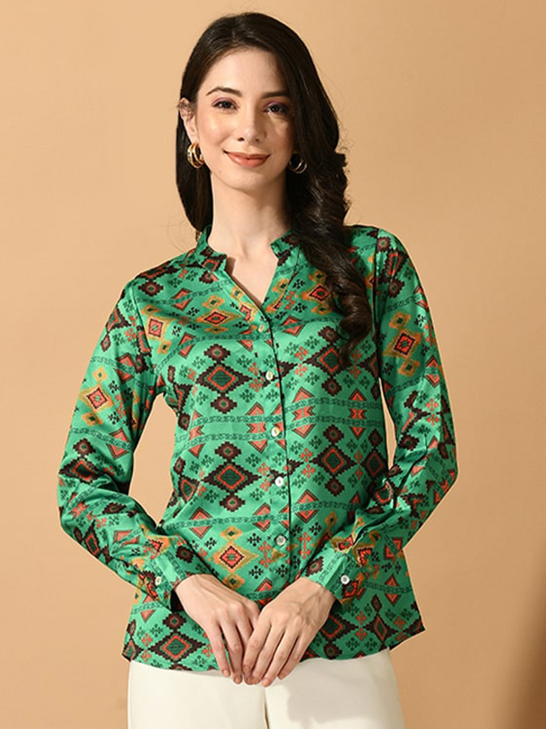 

Sangria Ethnic Motifs Printed Satin Shirt Style Top, Green