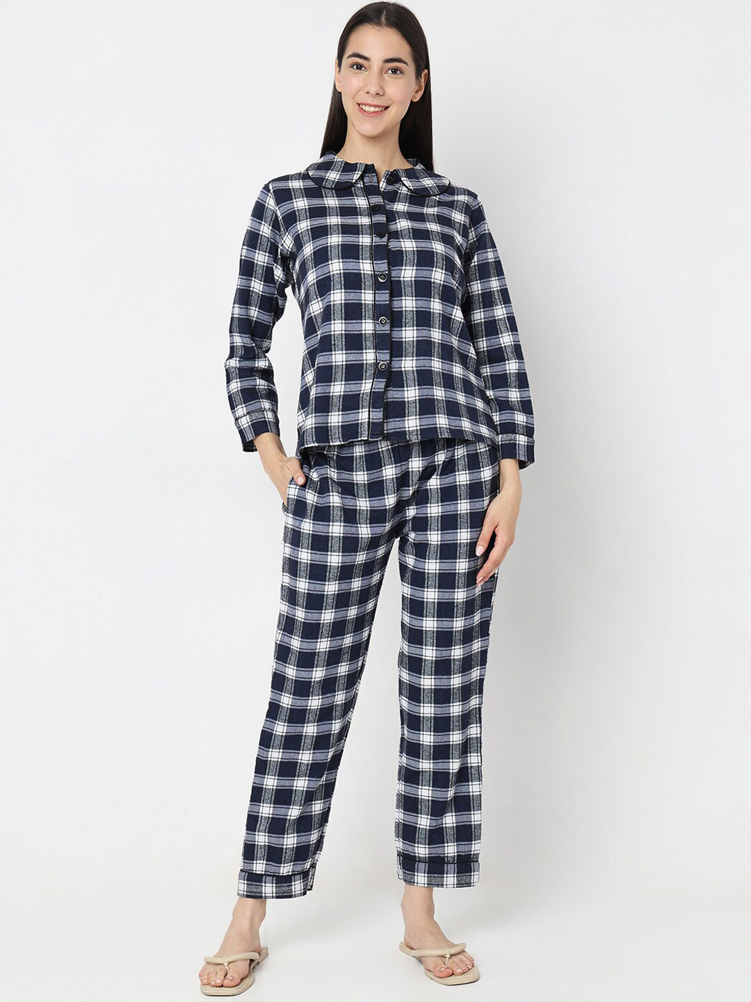 

Smarty Pants Checked Shirt & Pyjamas Night suit, Navy blue