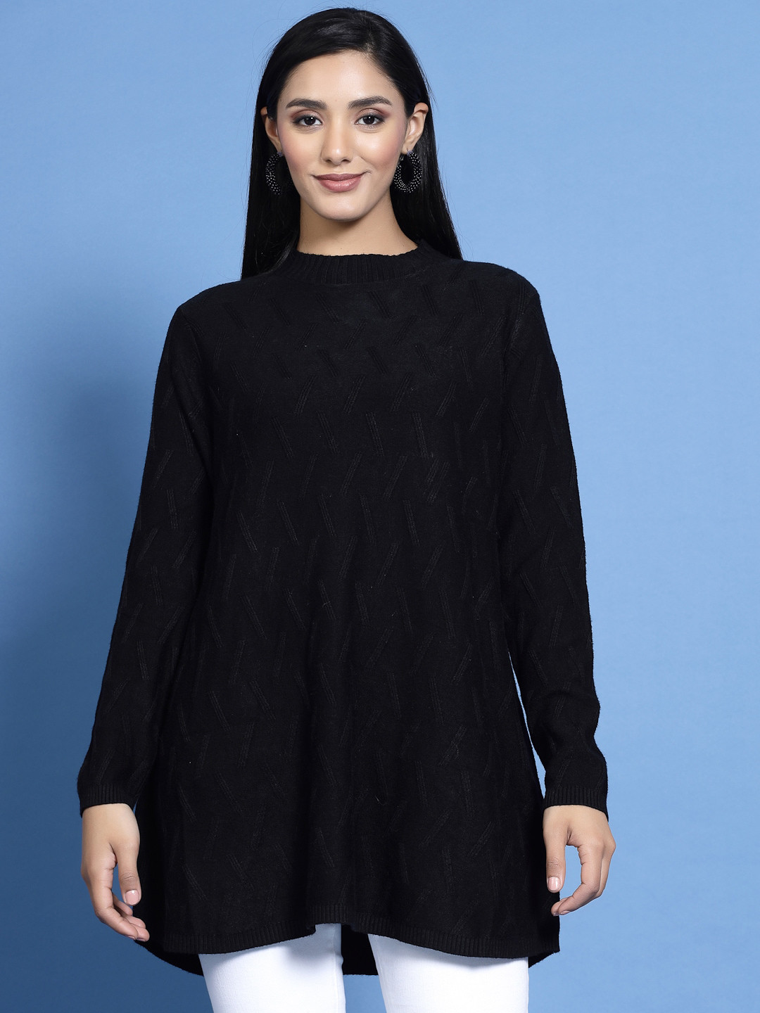 

Mafadeny Self Design Longline Sweaters, Black