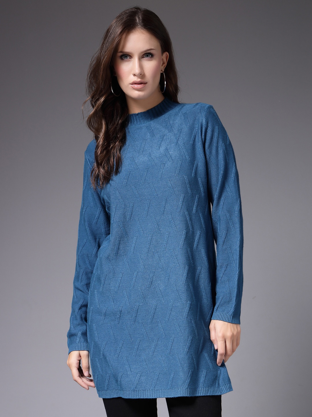 

Mafadeny Self Design Longline Sweaters, Teal