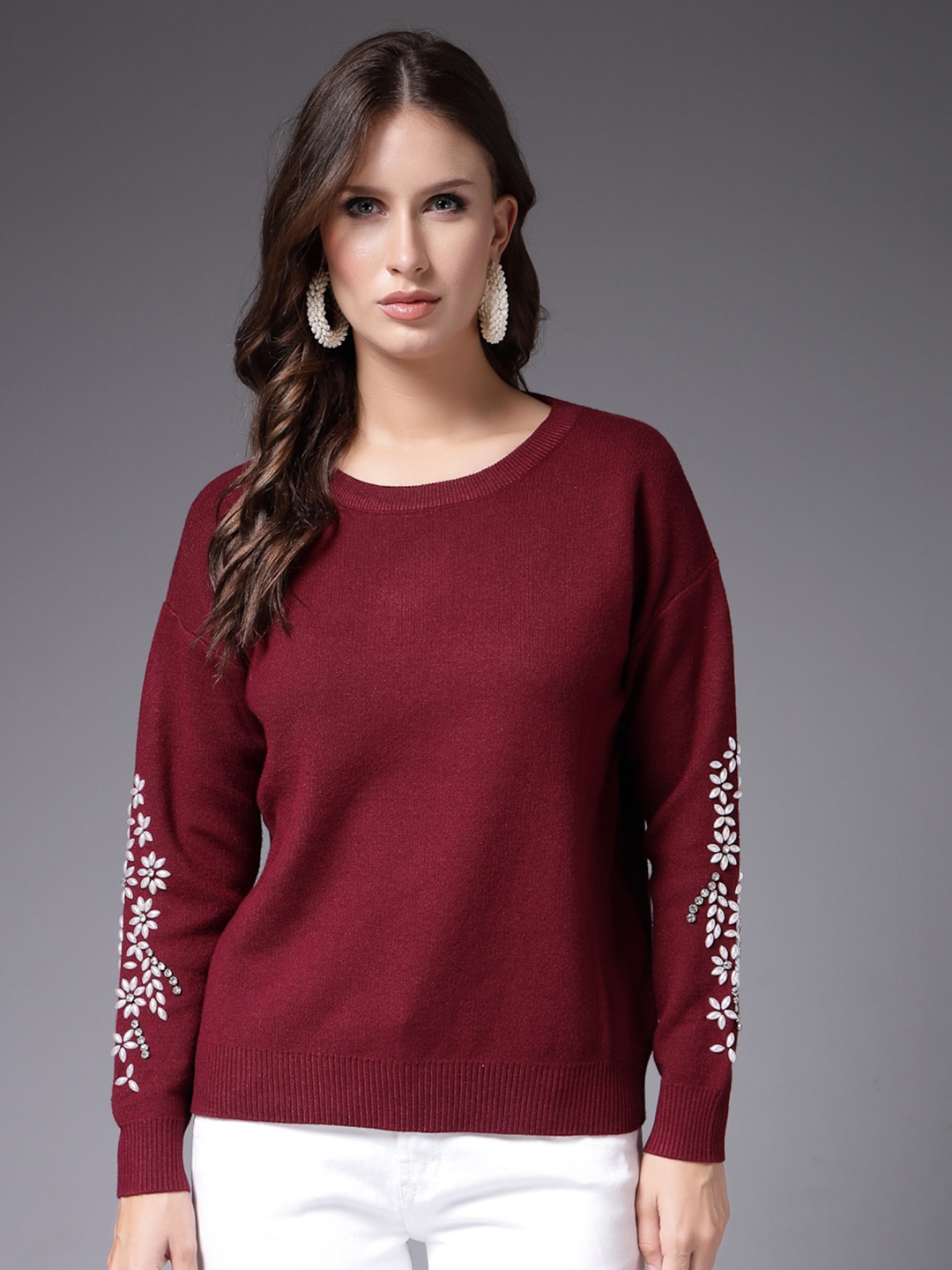 

Mafadeny Round Neck Embellished Pullover Sweaters, Maroon