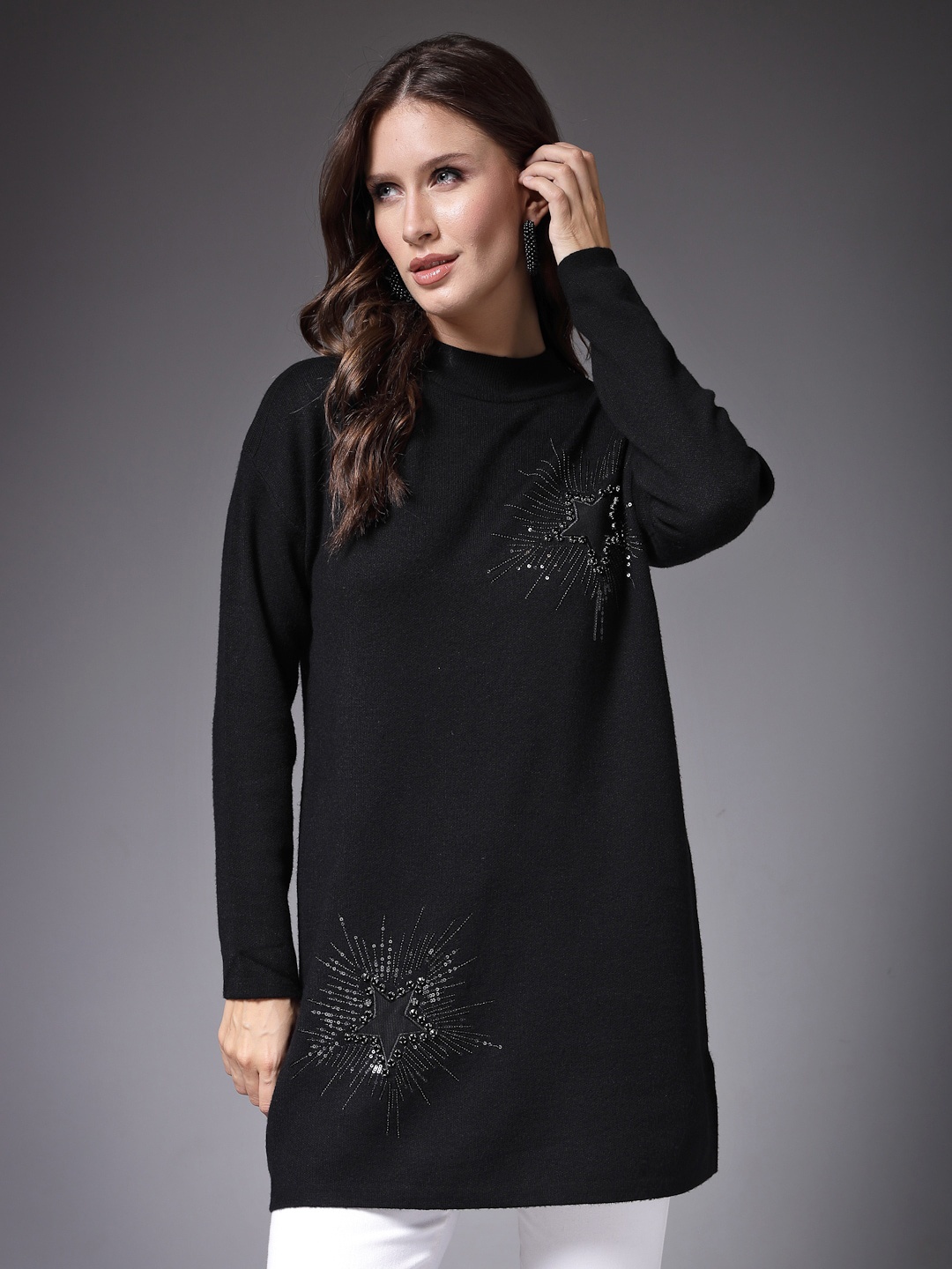 

Mafadeny Embroidered Round Neck Long Sleeve Pullover Sweater, Black