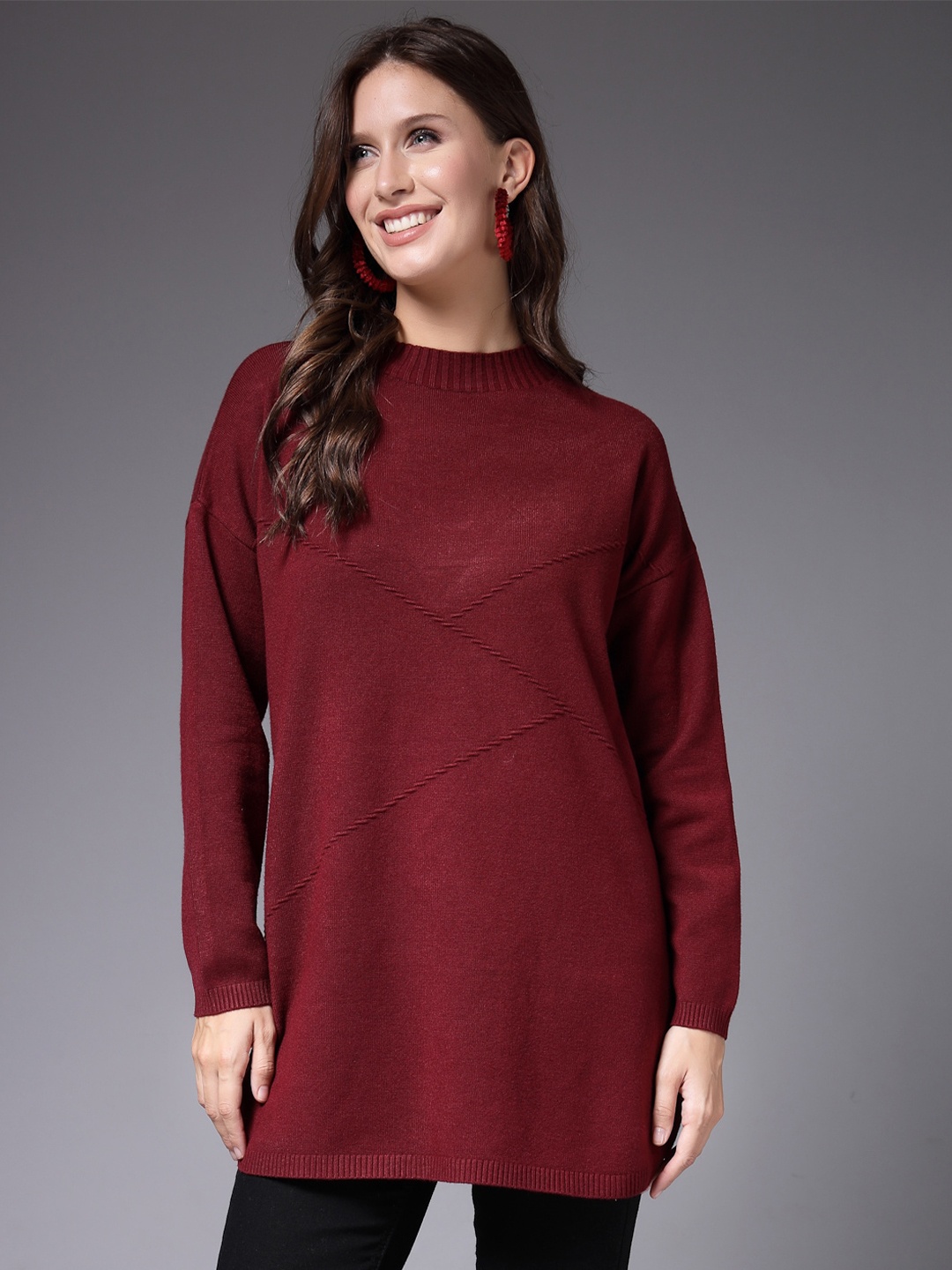 

Mafadeny Round Neck Long Sleeves Longline Top, Maroon