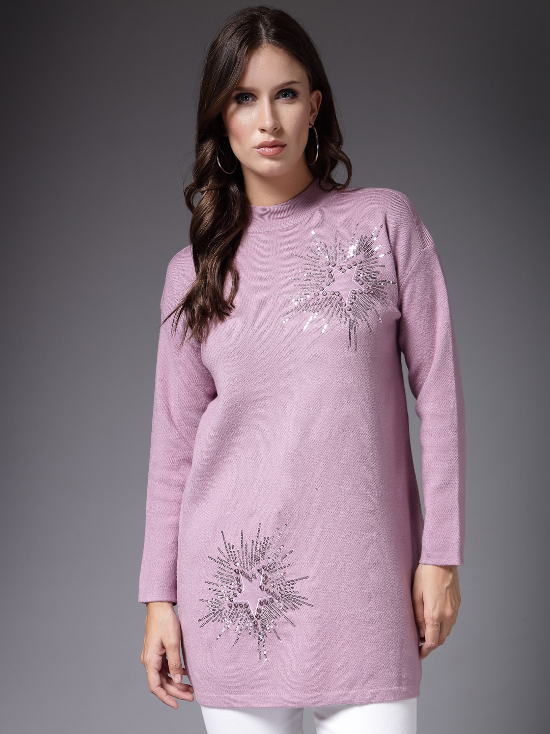 

Mafadeny High Neck Embellished Detail Longline Pullover, Purple