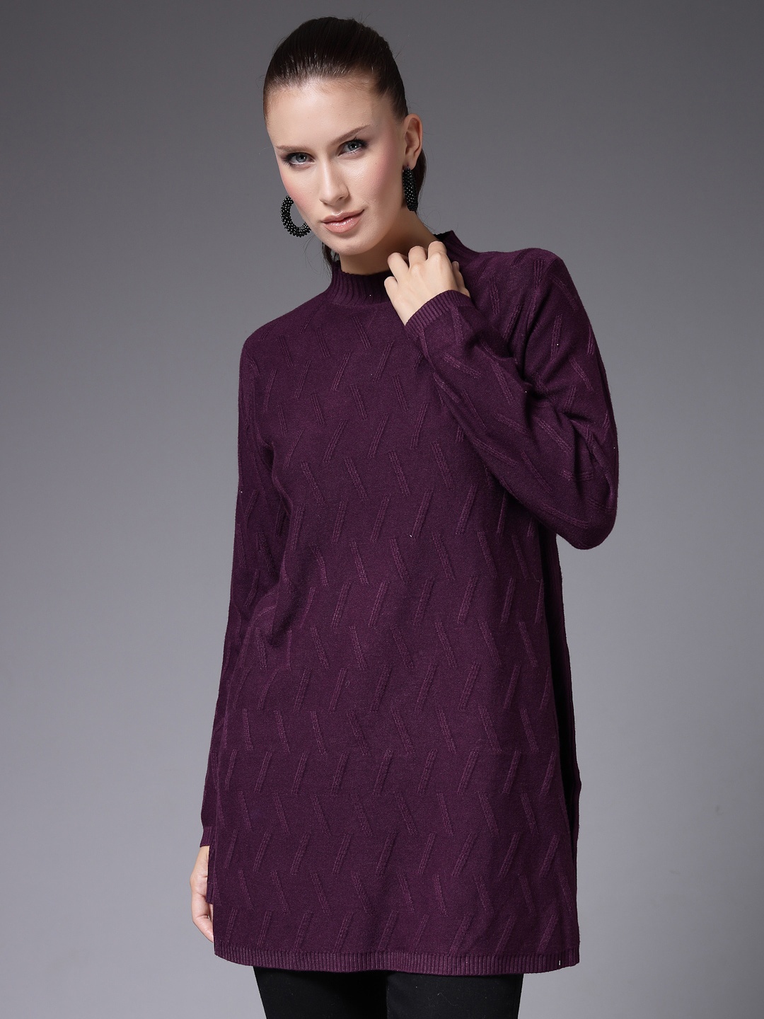 

Mafadeny Self Design Geometric High Neck Longline Pullover, Maroon