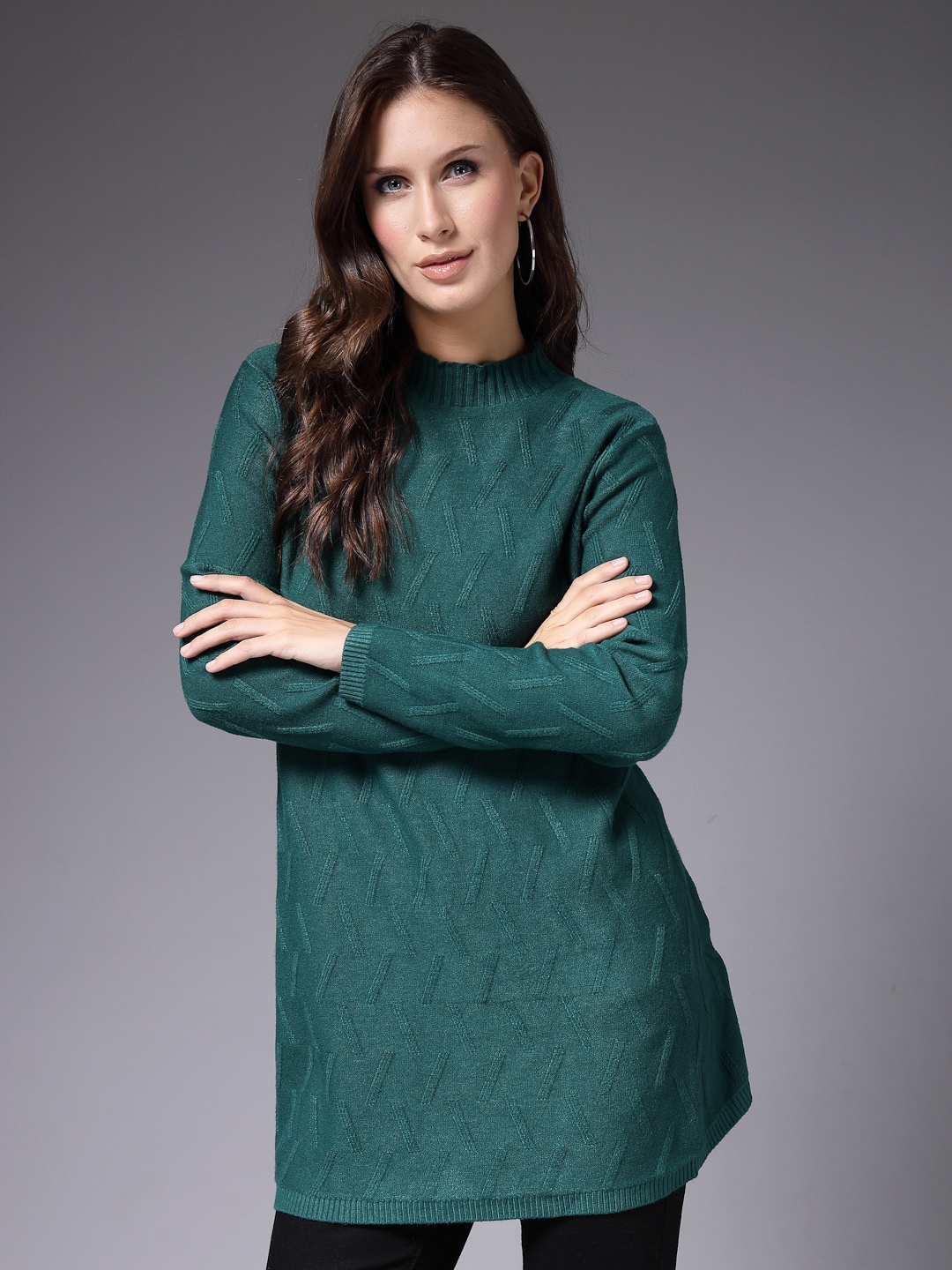 

Mafadeny Self Design Longline Sweaters, Green