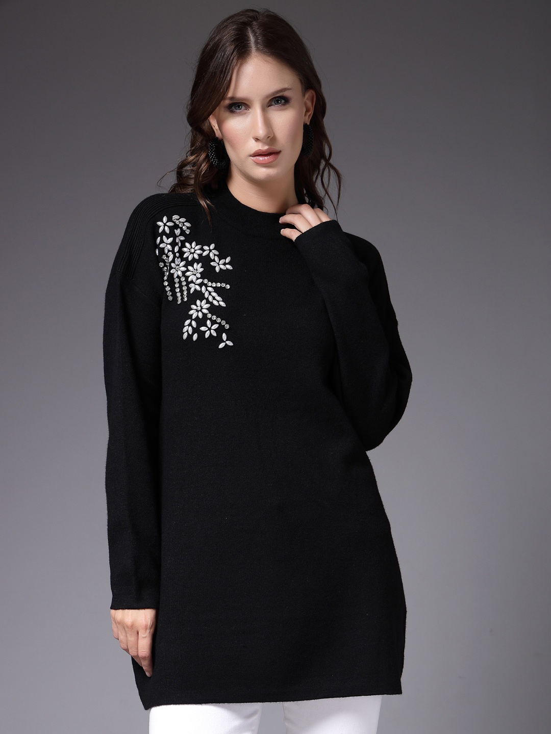

Mafadeny Floral Embellished Sweaters, Black