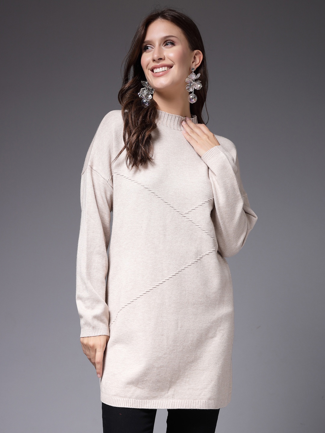 

Mafadeny Self Design Longline Sweaters, Beige