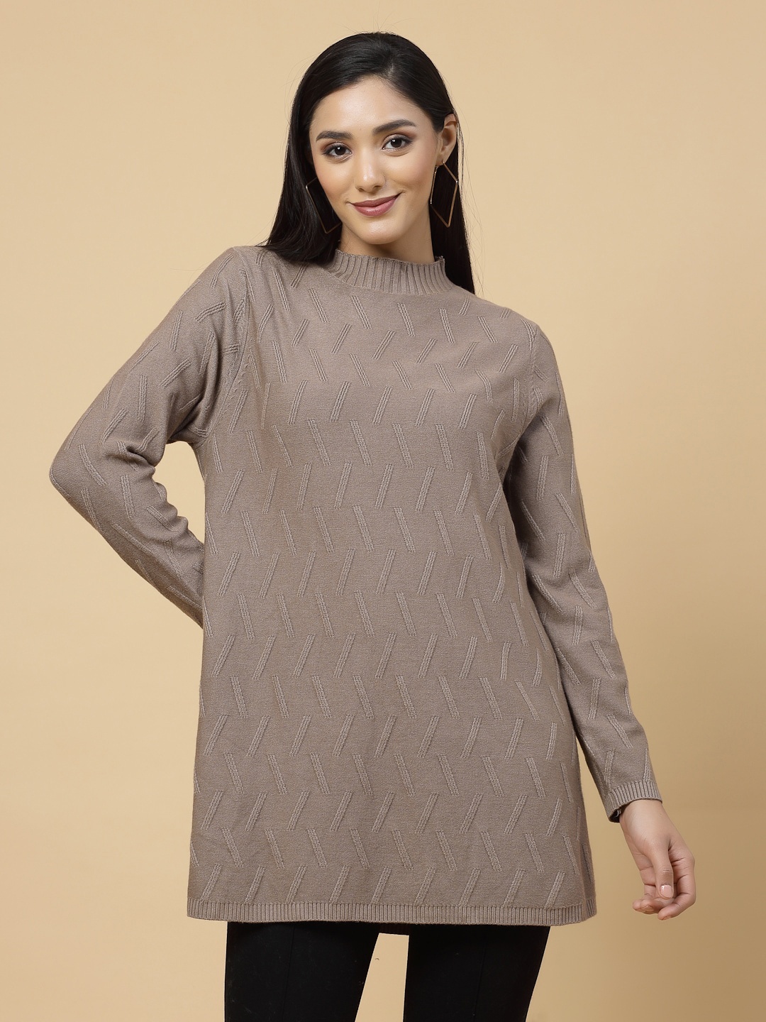 

Mafadeny Self Design Longline Sweaters, Khaki