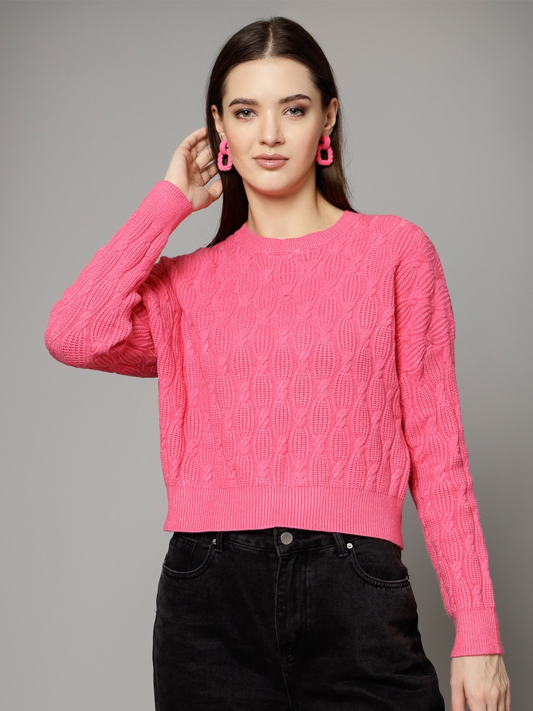 

Mafadeny Self Design Round Neck Long Sleeve Pullover Sweater, Pink