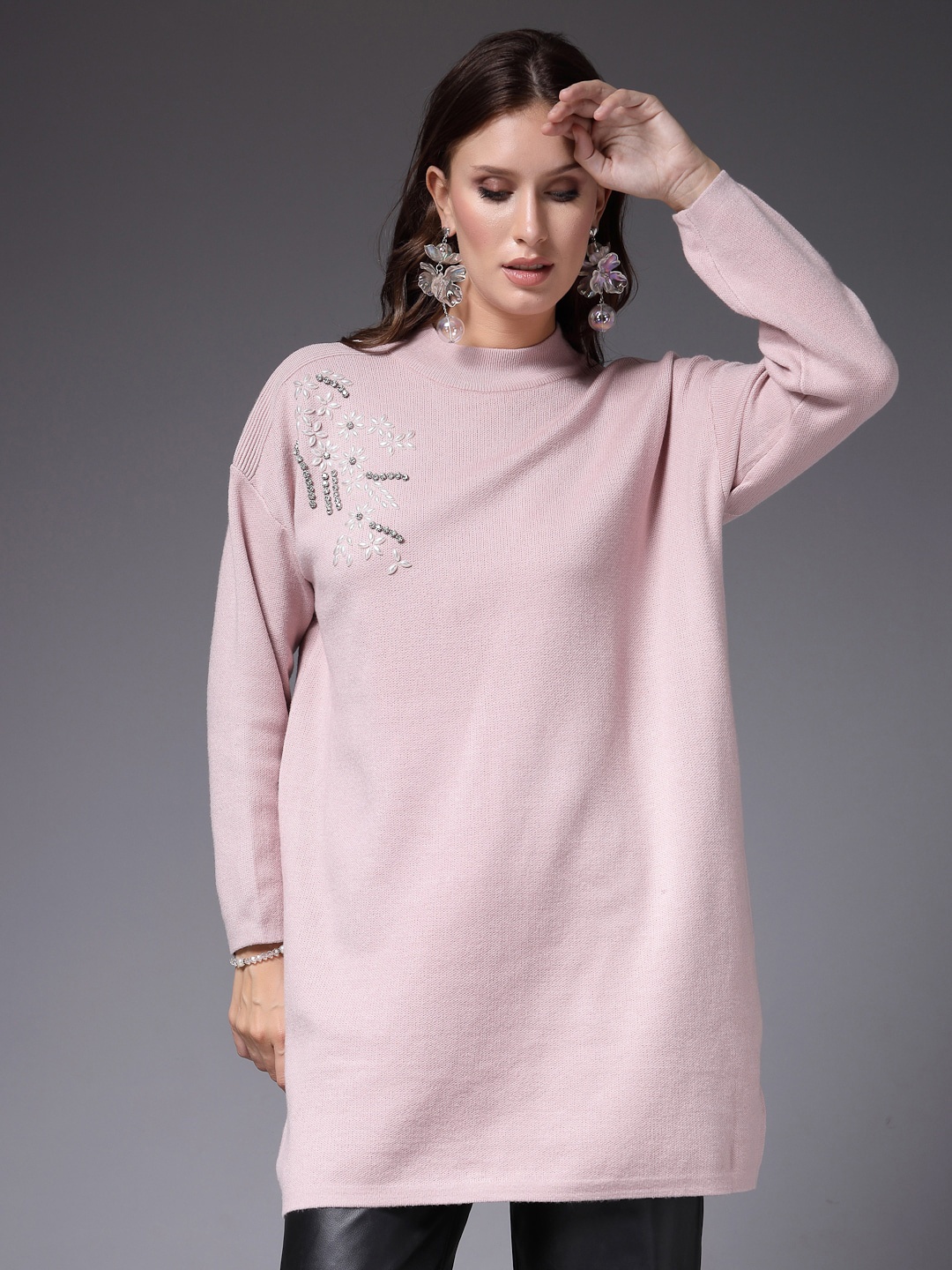 

Mafadeny Embroidered Mock Collar Long Sleeves Pullover Sweater, Peach