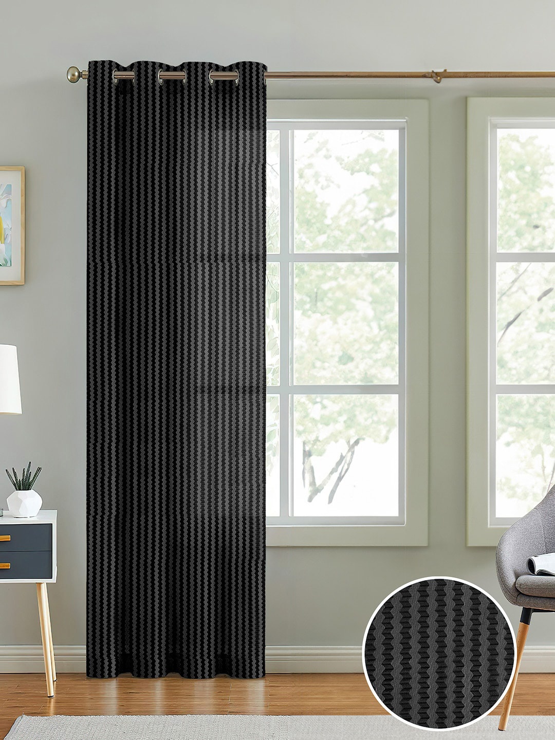 Cortina Black Self Design Sheer Long Door Curtain