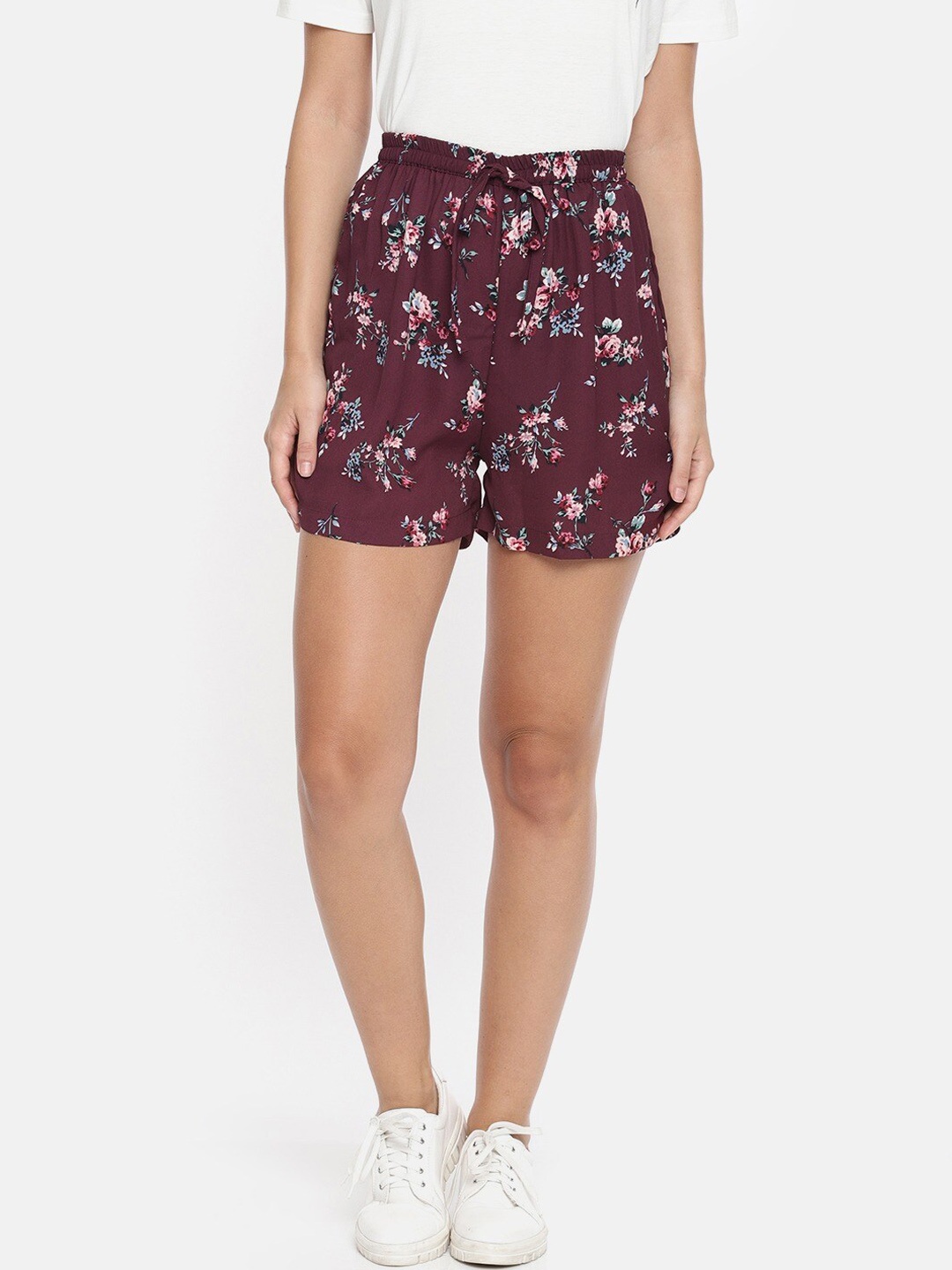 

BAESD Women Mid-Rise Floral Printed Shorts, Maroon