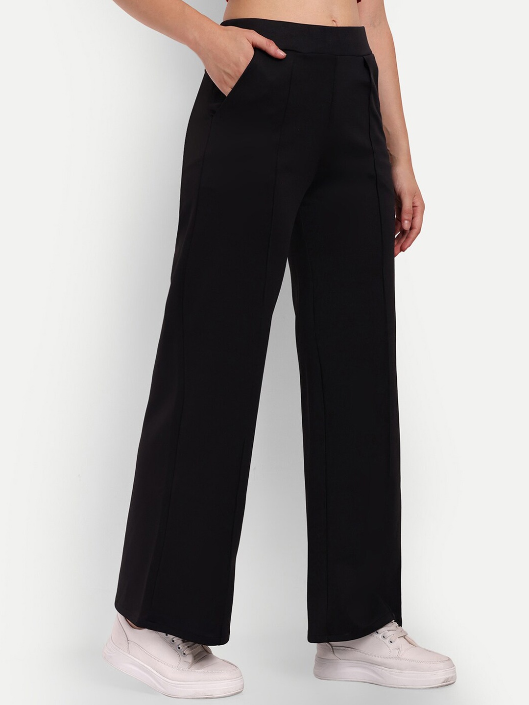 

BROADSTAR Women Smart Straight Fit High-Rise Easy Wash Cotton Parallel Trousers, Black