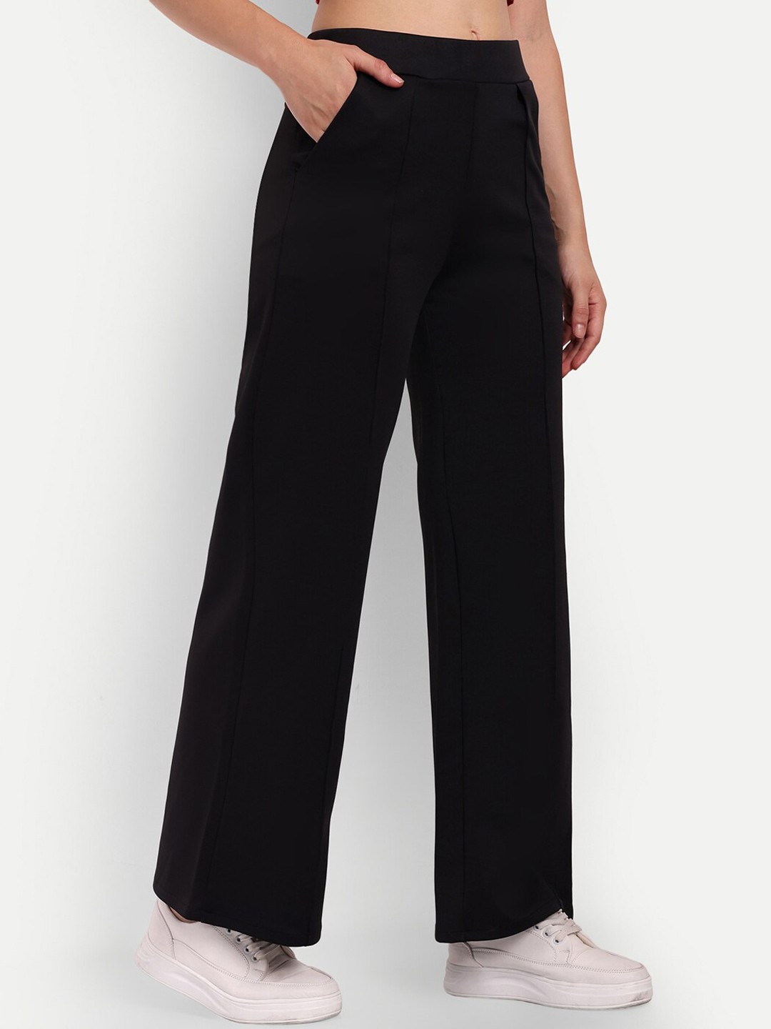 

BROADSTAR Women Smart Straight Fit High-Rise Easy Wash Cotton Parallel Trousers, Black