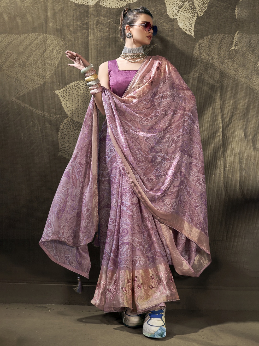 

KALINI Lavender & Beige Paisley Pure Chiffon Saree