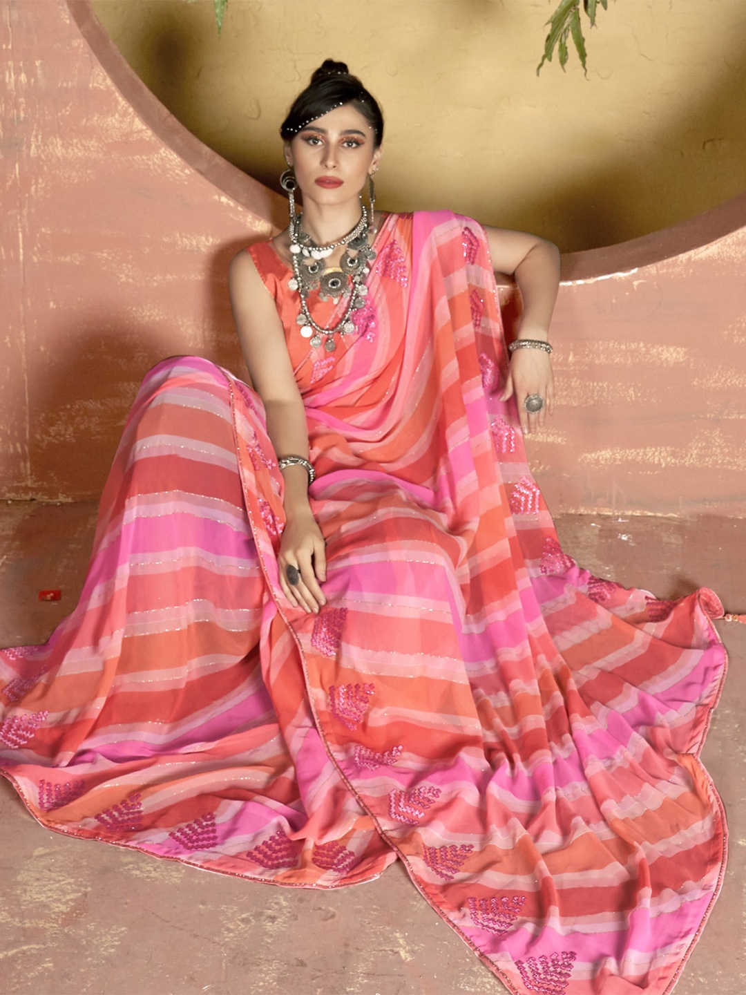 

KALINI Peach-Coloured & Orange Striped Pure Georgette Saree