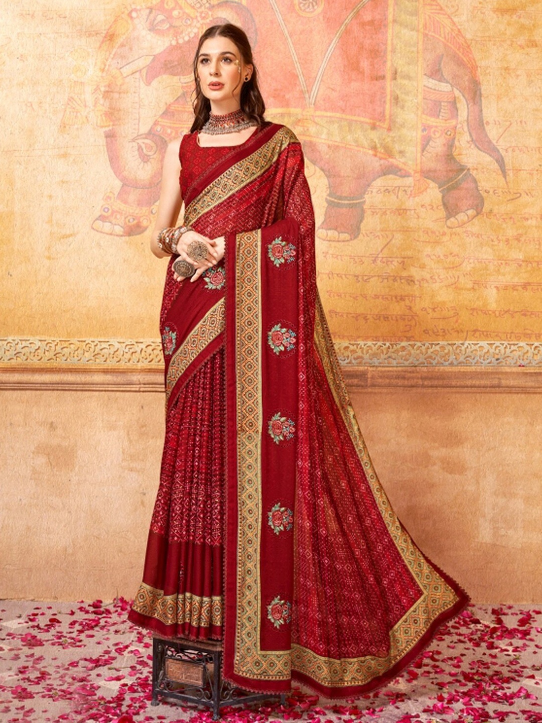 

KALINI Maroon & Beige Bandhani Embroidered Pure Georgette Saree