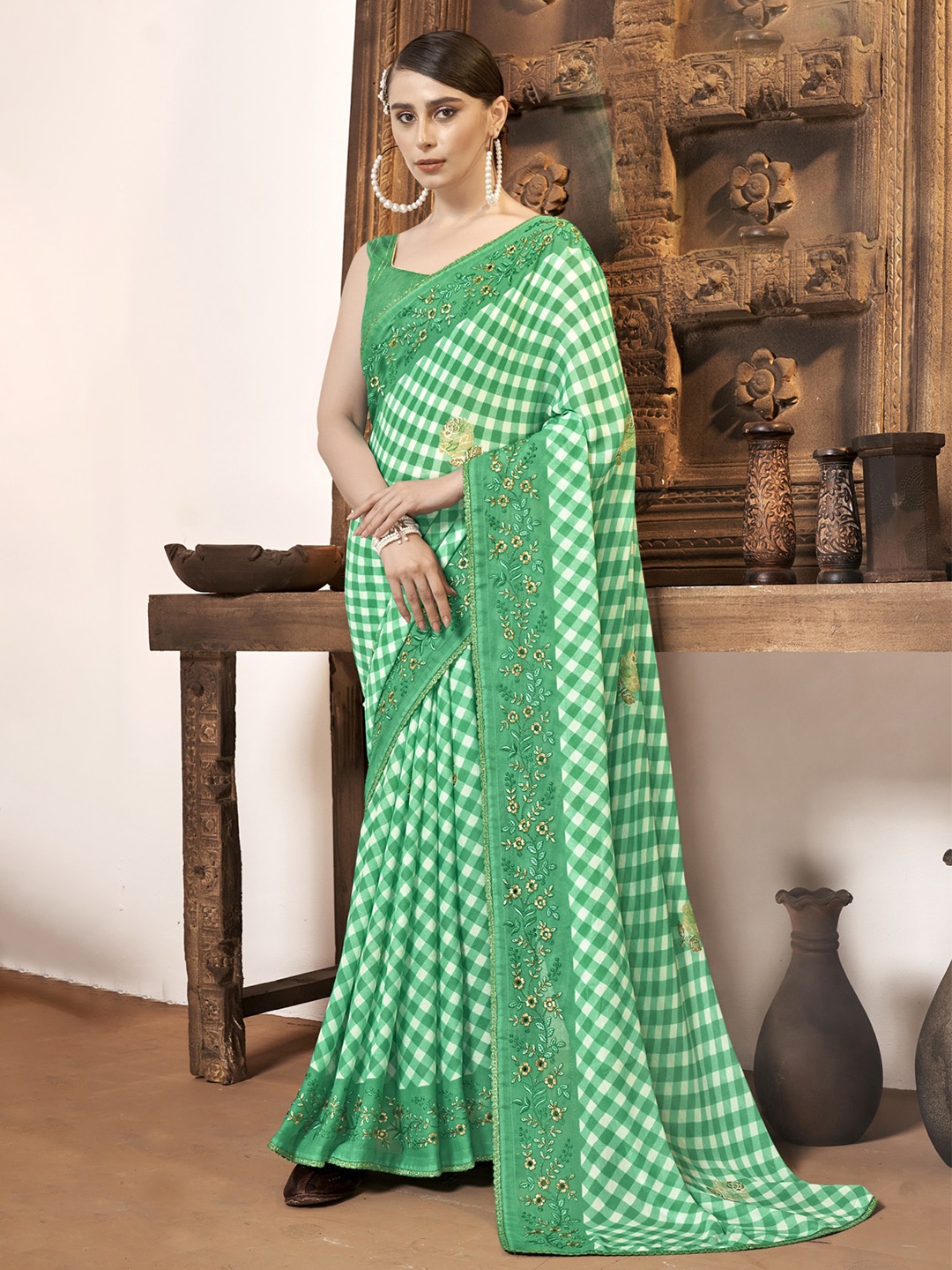 

KALINI Checked Embroidered Detail Pure Georgette Saree, Green