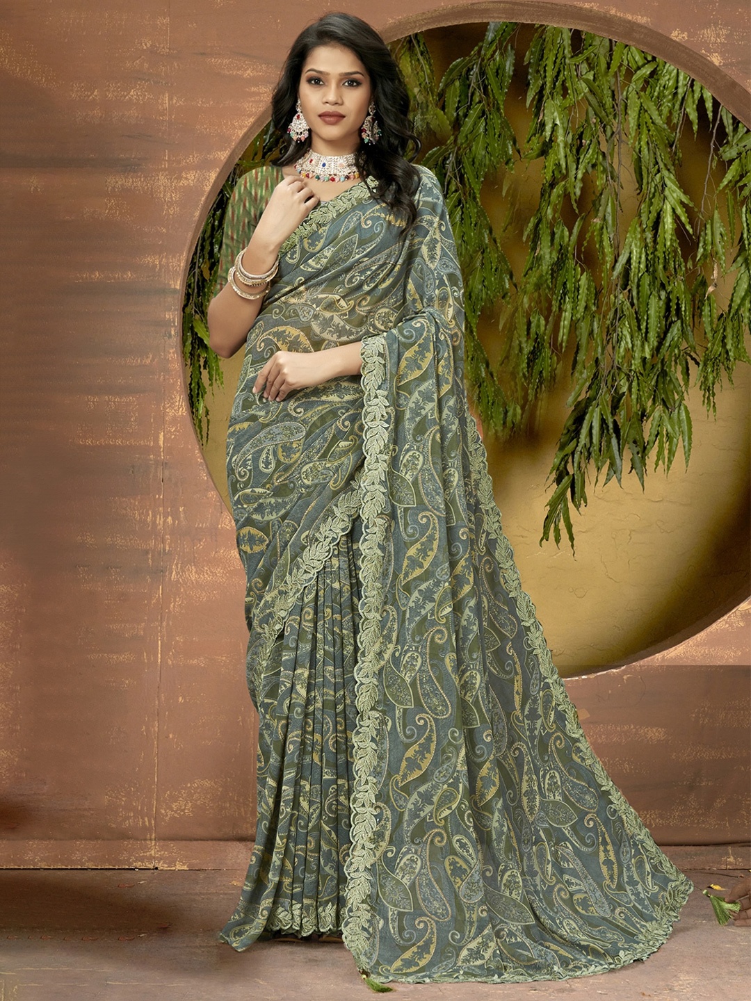 

KALINI Paisley Printed Embroidered Pure Georgette Saree, Green