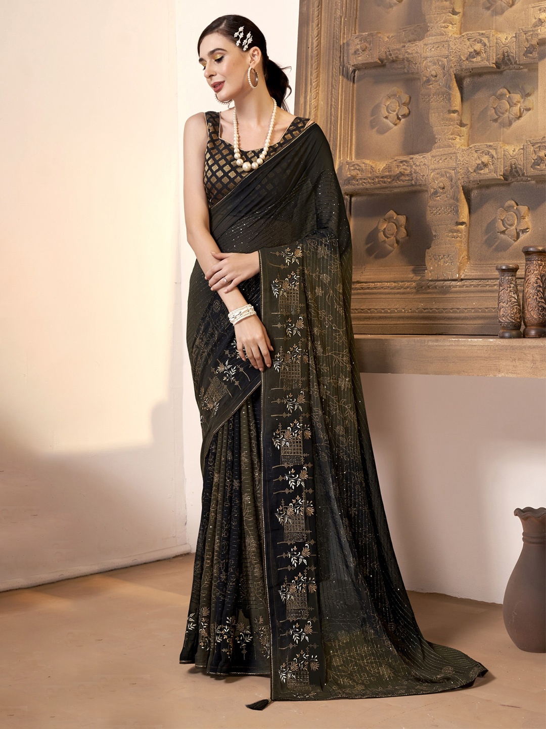 

KALINI Navy Blue & Brown Floral Embroidered Pure Georgette Saree
