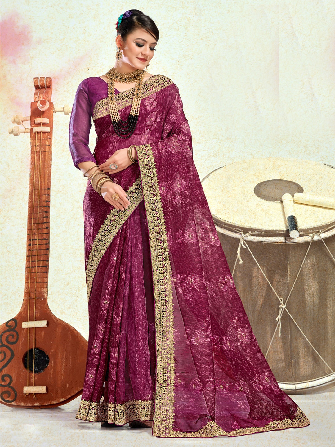 

KALINI Magenta & Gold-Toned Embroidered Organza Saree
