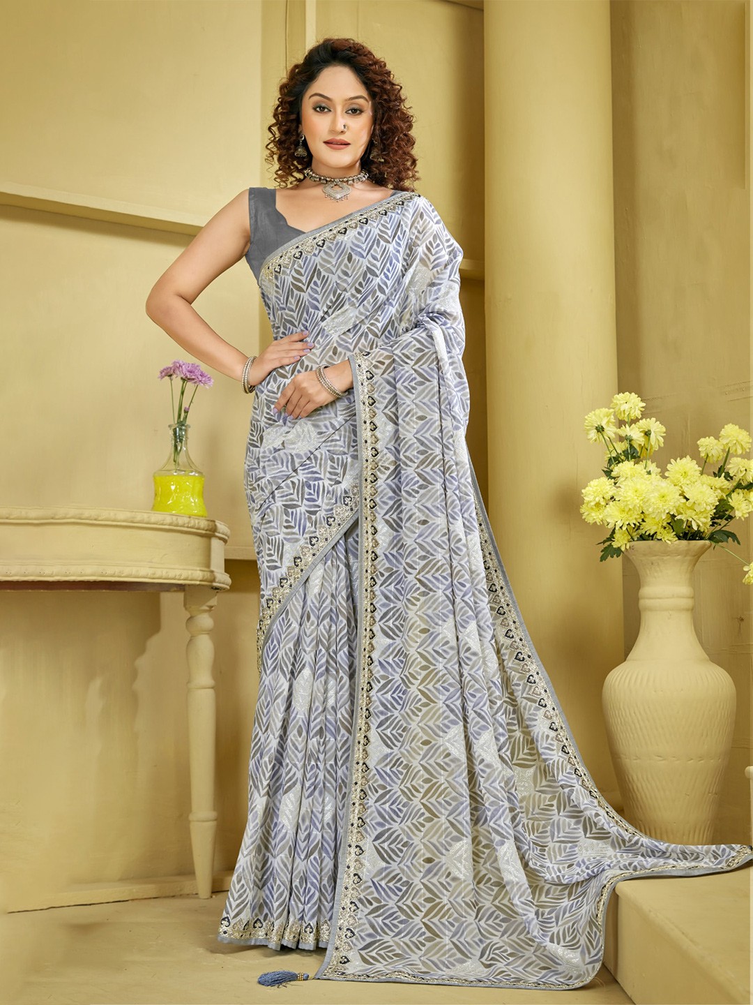 

KALINI Floral Embroidered Pure Georgette Saree, Grey