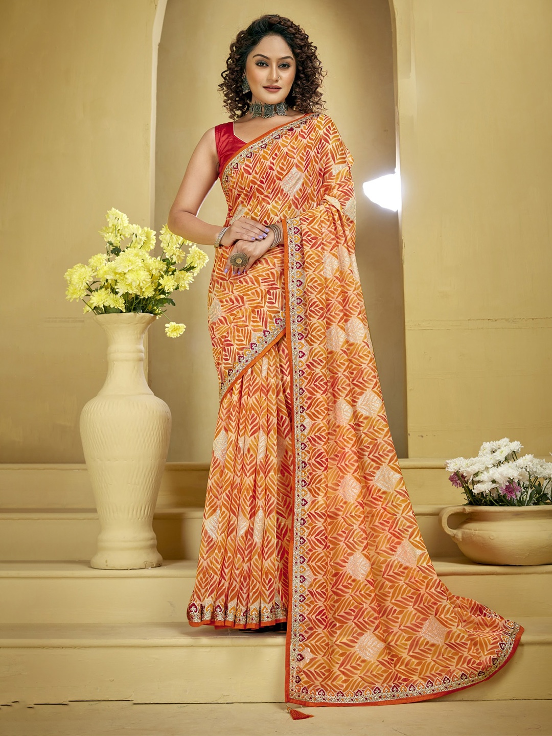 

KALINI Floral Embroidered Pure Georgette Saree, Orange