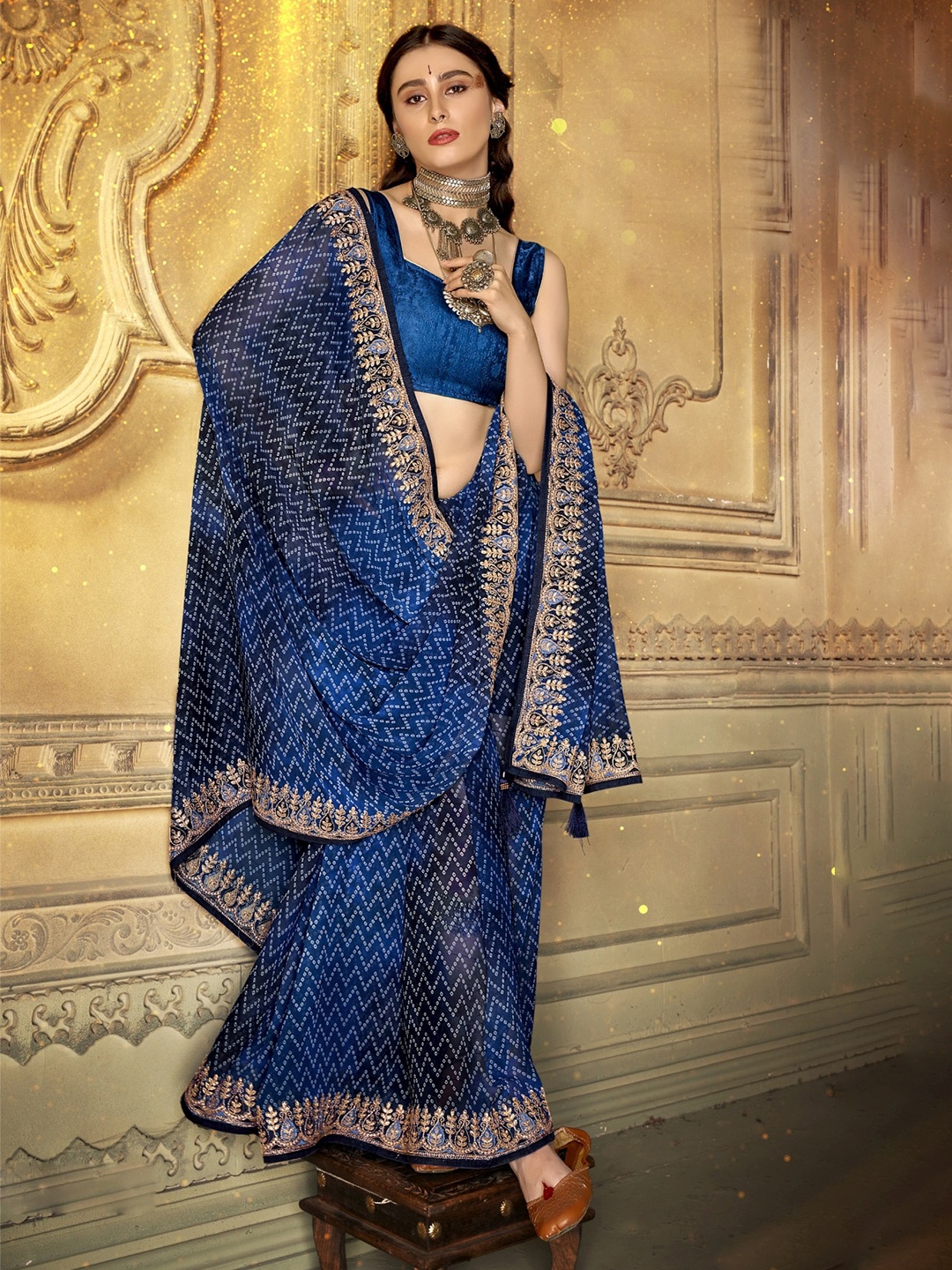 

KALINI Bandhani Printed Embroidered Pure Georgette Saree, Blue