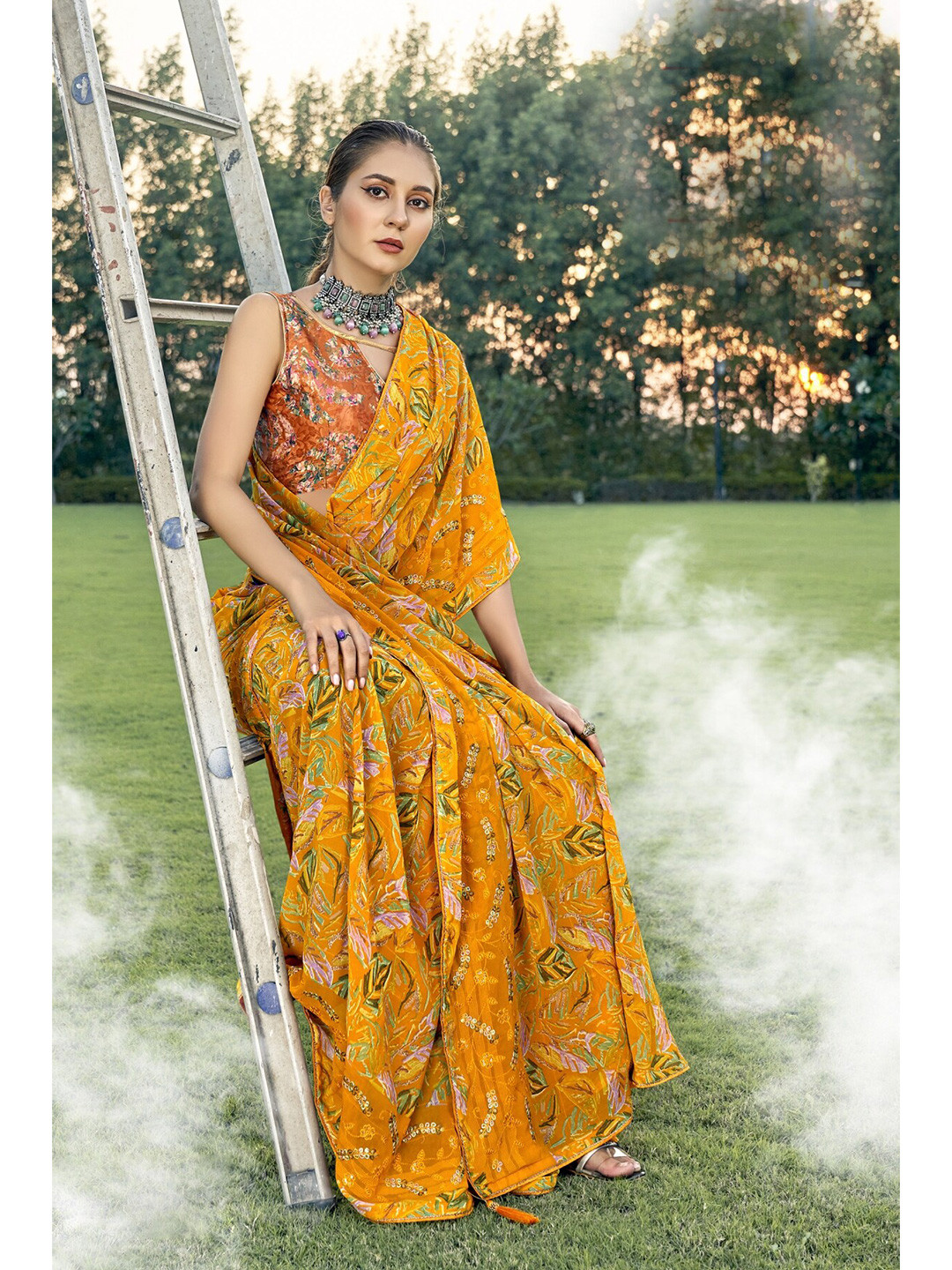 

KALINI Floral Embroidered Pure Georgette Saree, Yellow