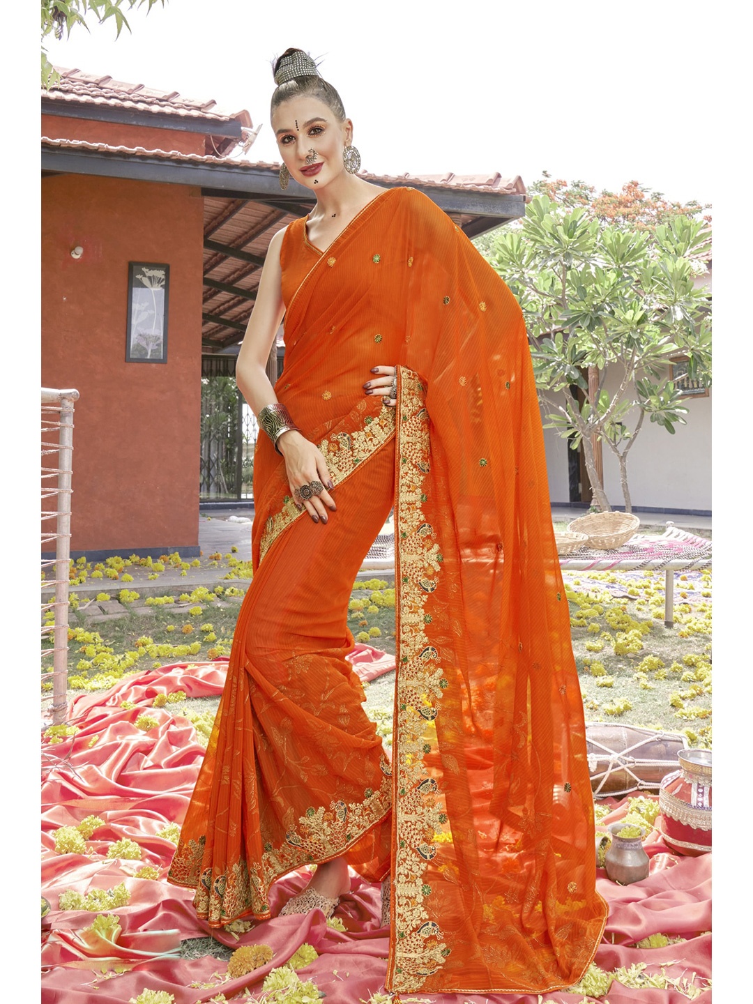 

KALINI Ethnic Motifs Embroidered Pure Georgette Saree, Orange