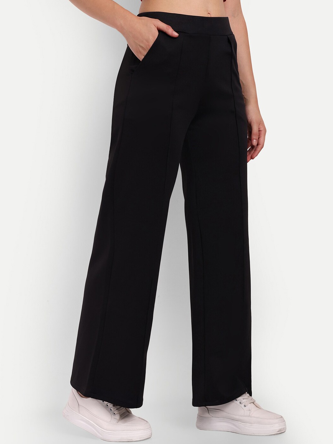 

Next One Women Smart Straight Fit High-Rise Easy Wash Cotton Parallel Trousers, Black