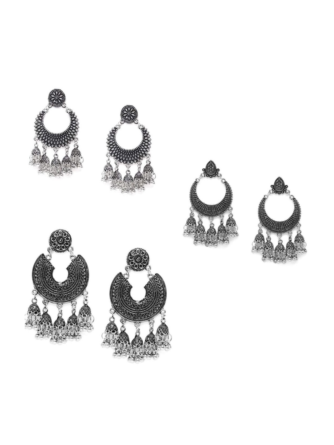 

AccessHer Set Of 3 Silver Plated Floral Oxidised Chandbalis