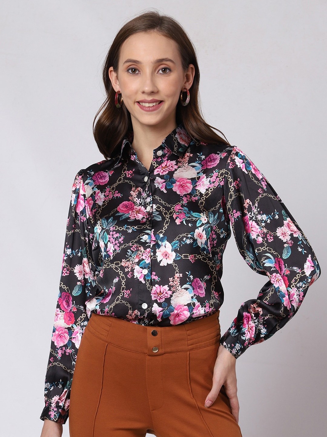 

Urban Komfort Floral Printed Premium Satin Party Shirt, Black