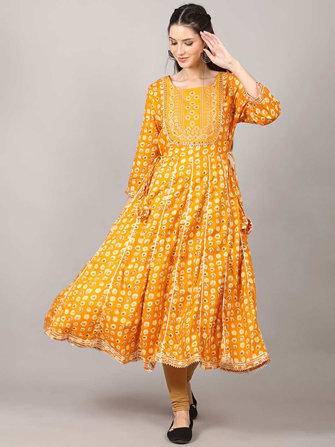 

pinfit Abstract Printed Mirror Work Cotton Anarkali Kurta, Yellow