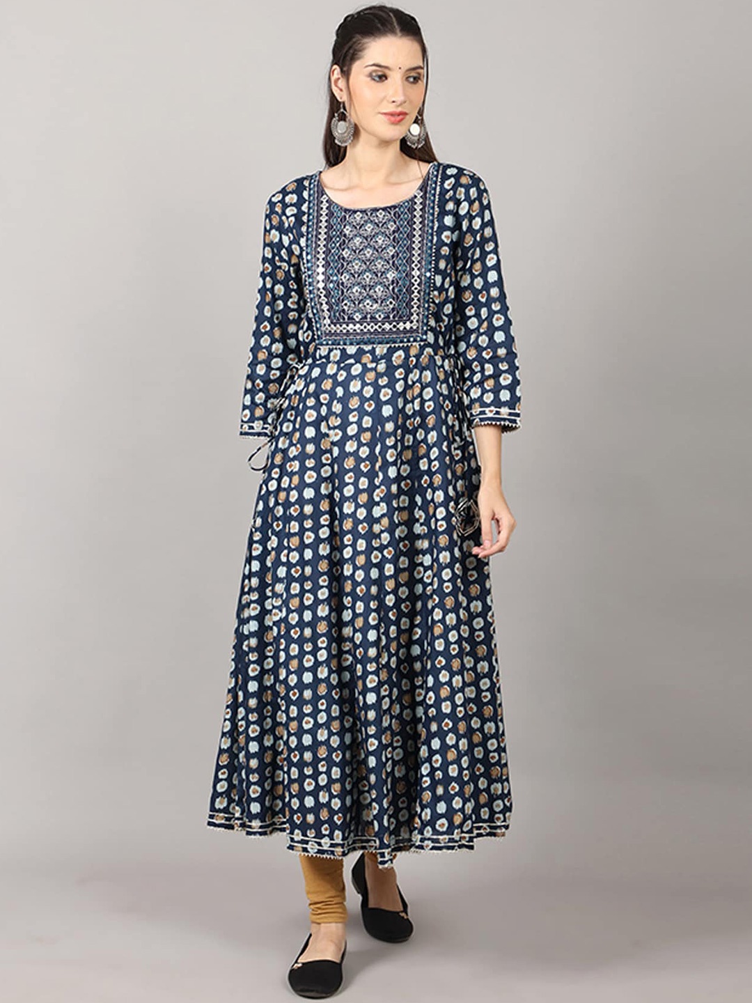 

pinfit Abstract Printed Mirror Work Cotton Anarkali Kurta, Navy blue