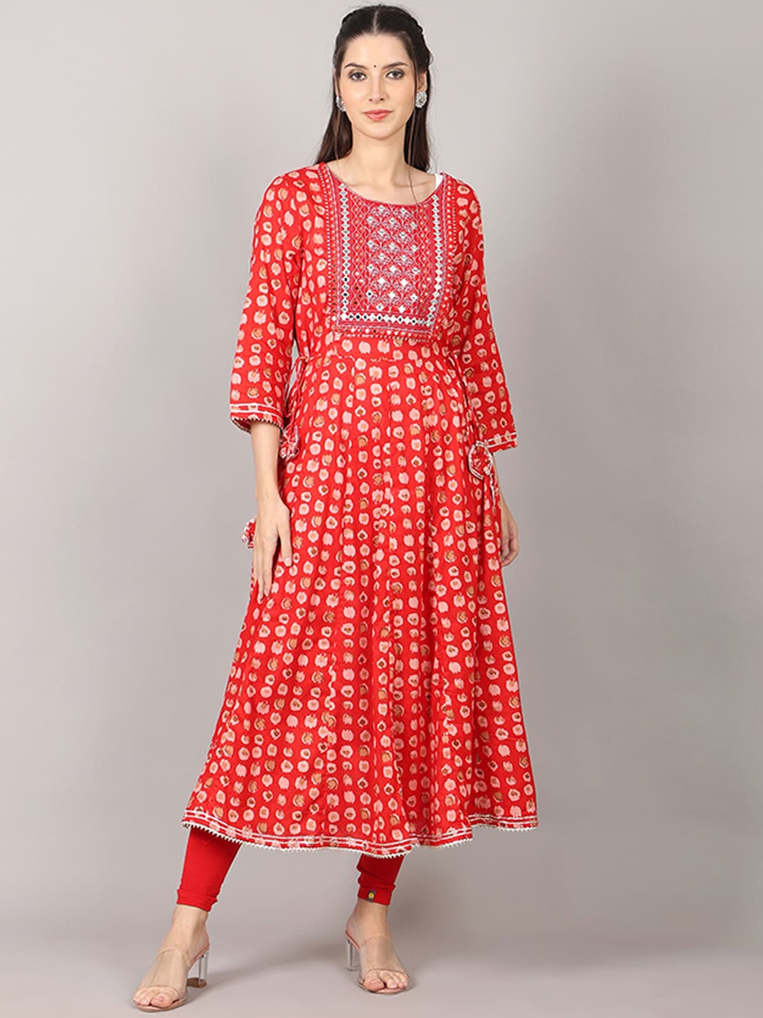 

pinfit Abstract Printed Mirror Work Cotton Anarkali Kurta, Red