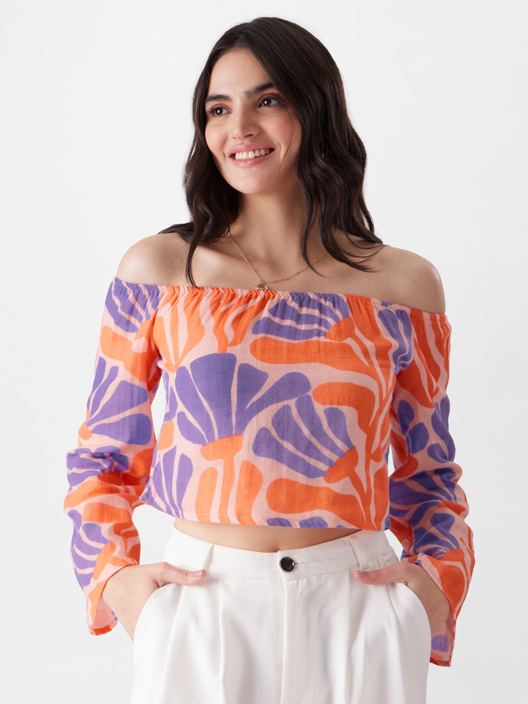 

The Souled Store Purple Abstract Printed Off-Shoulder Pure Cotton Bardot Crop Top