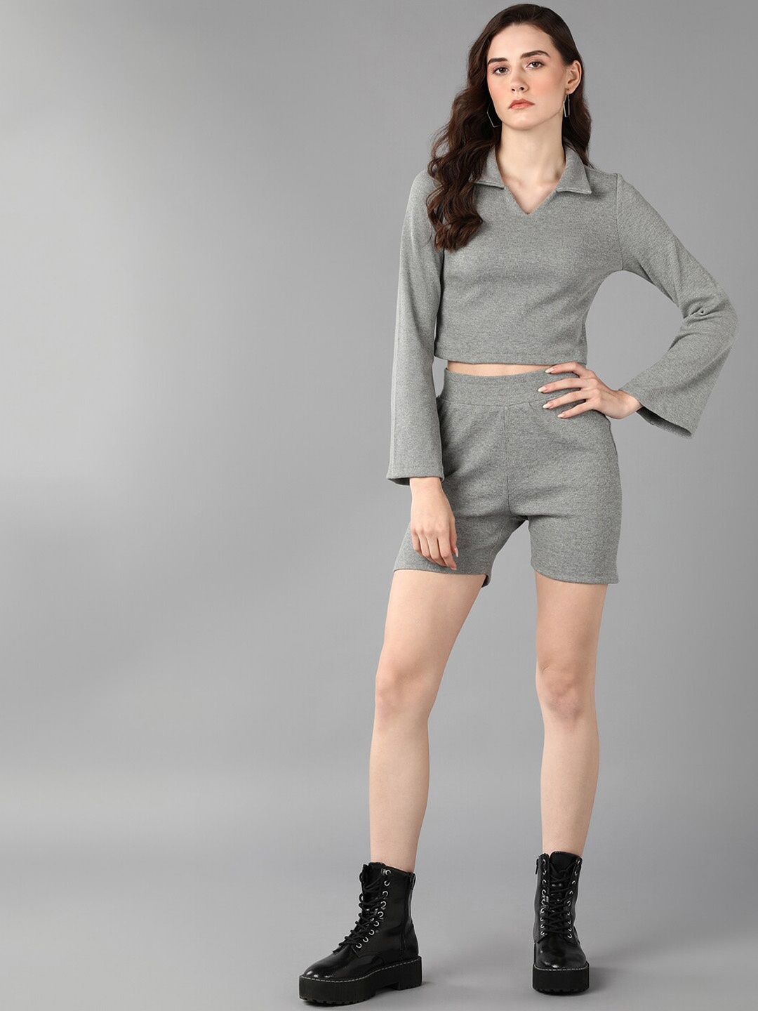 

Roadster Polo Collar Long Sleeves Top & Shorts, Grey