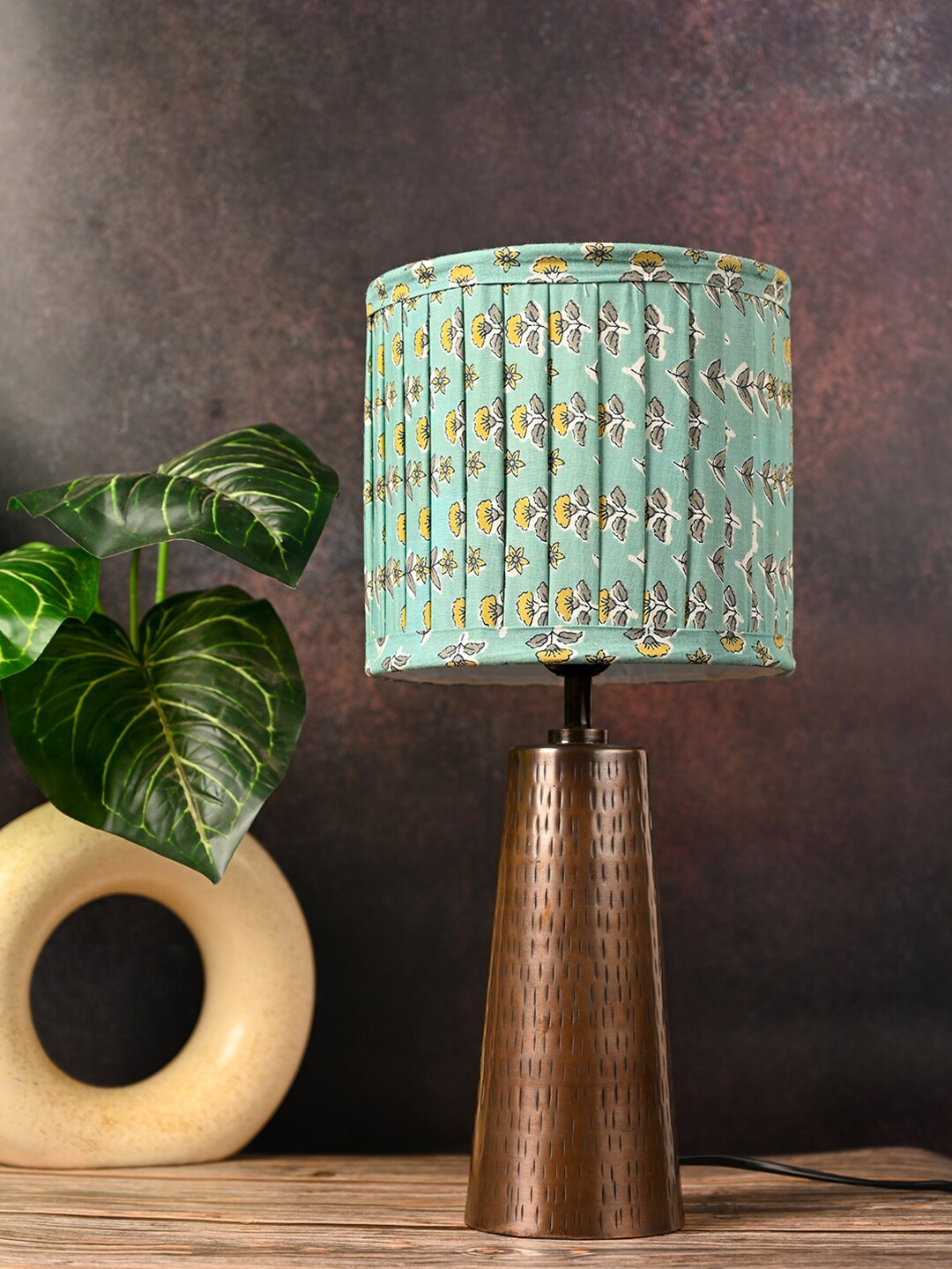 

green girgit Turquoise Blue & Copper Floral Printed Shape Copper Base Hammered Table Lamp