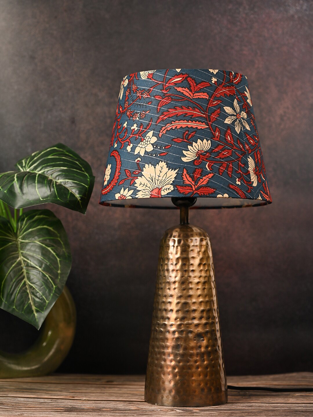 

green girgit Blue & Green Floral Printed Frustum Shape Copper Base Table Lamp