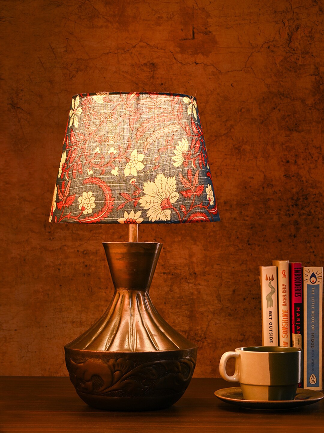 

green girgit Blue Floral Printed Frustum Shape Copper Base Table Lamp