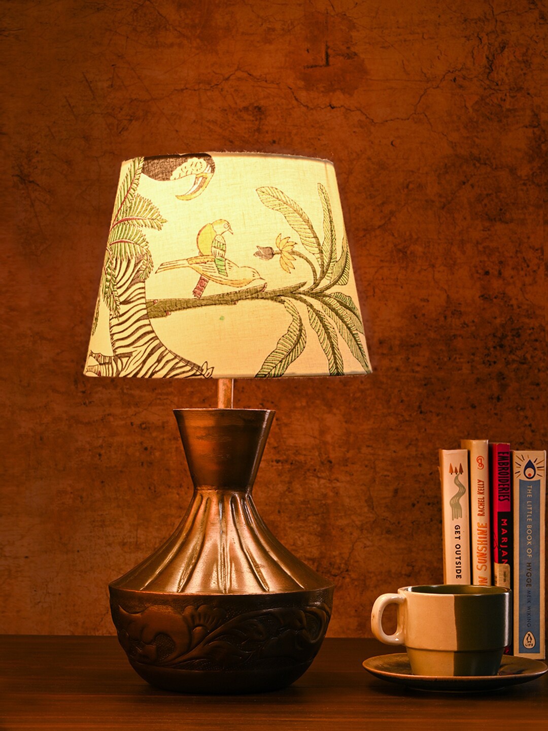 

green girgit White & Green Floral Printed Frustum Shape Copper Base Table Lamp