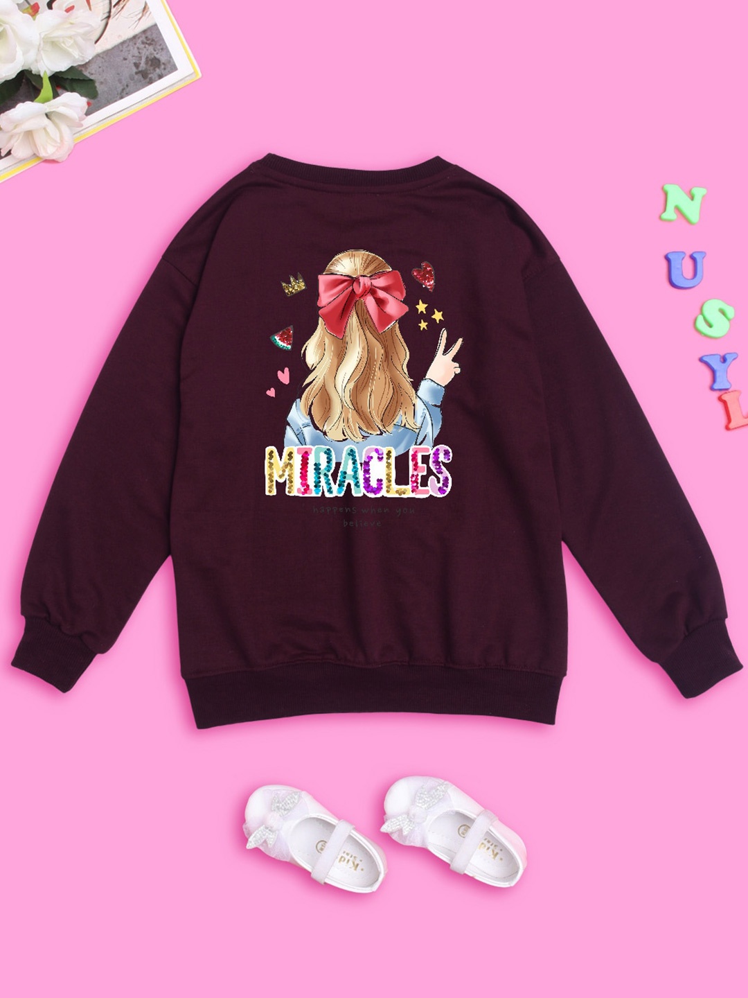 

NUSYL Girls Printed Fleece Oversized Sweatshirt, Burgundy